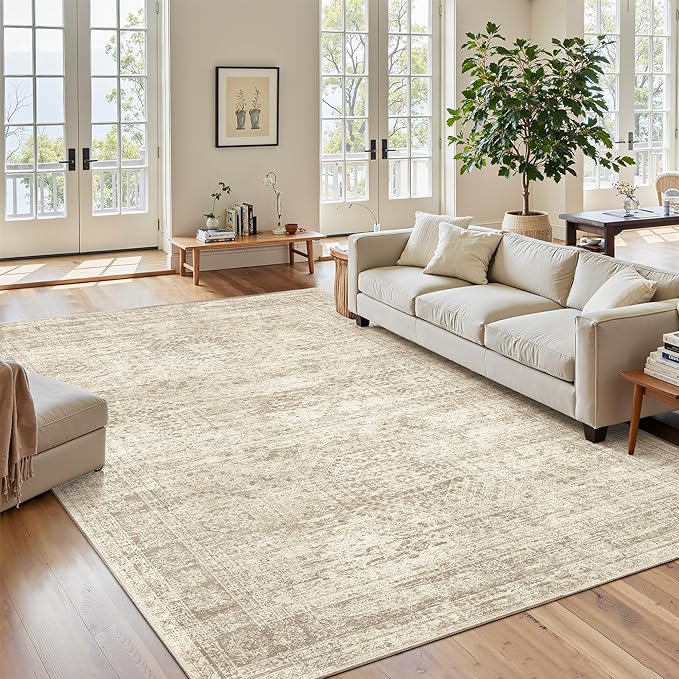 Soalmost 7x9 Area Rug for Living Room Washable Rugs Non-Slip Beige | Low-Pile by Soalmost