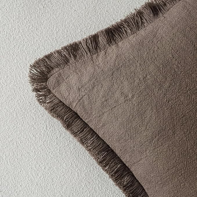 MIULEE Linen Fringe Decorative Fall Euro Throw Pillow Covers Coffee 24x24 | Set - Image 3