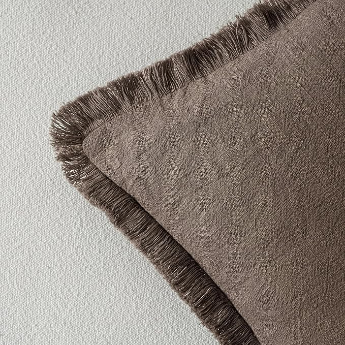MIULEE Boho Linen Fringe Decorative Fall Throw Pillow Covers Coffee 20x20 | Set - Image 3