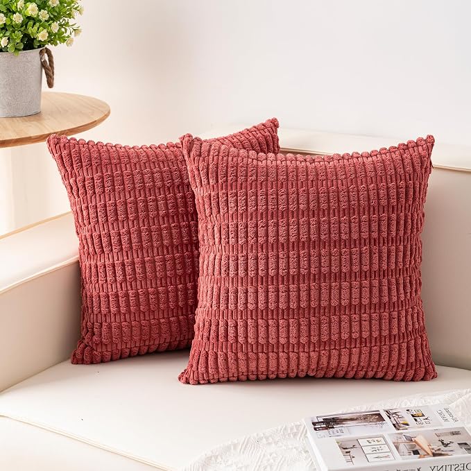 Pack of 2 Corduroy Decorative Throw Pillow Covers 20x20 Inch, Cranberry Red | by Unknown