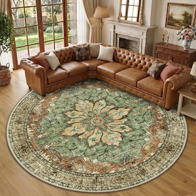 RELEANY Washable Area Rug, Round 10ft, Brick/Brown/Green | Non-Slip, Water by RELEANY