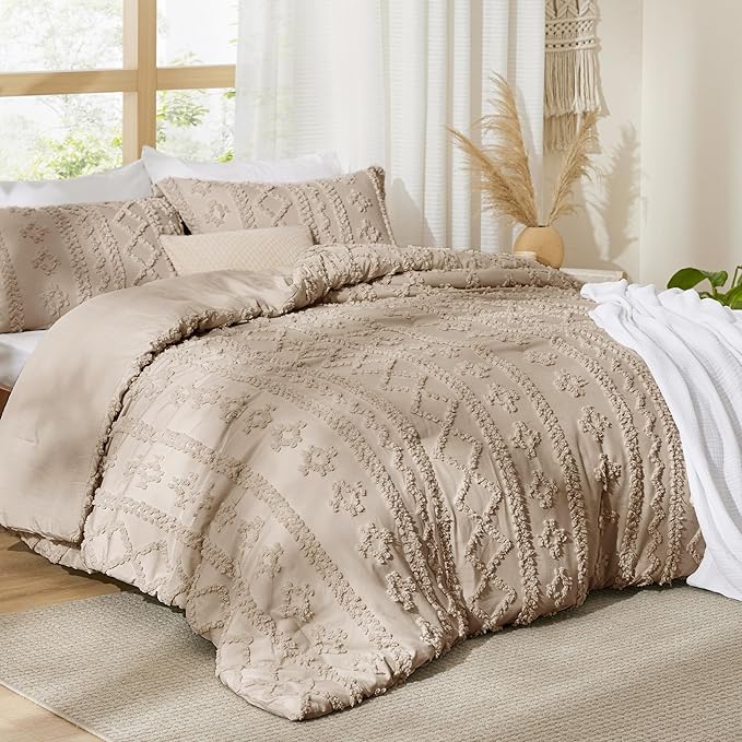 Bedsure Tufted Boho Comforter Set Oversized King - Khaki Boho Bed Set, GentleSoft™ 3 Pieces Farmhouse Shabby Chic Embroidery Bedding, Gifts for Woman, Soft Jacquard Comforter for All Seasons