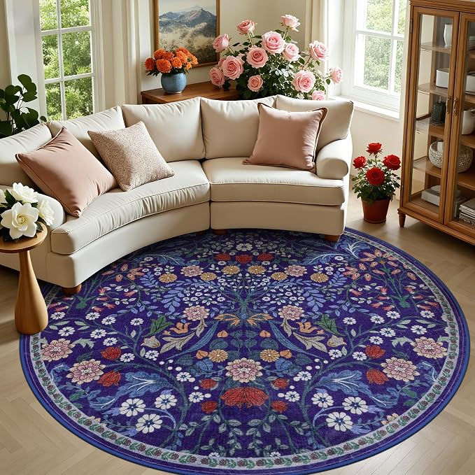 PLHXFR Round Area Rug Living Room: 8 ft Floral Washable Soft Carpet Blue | by PLHXFRSoftAreaRugs