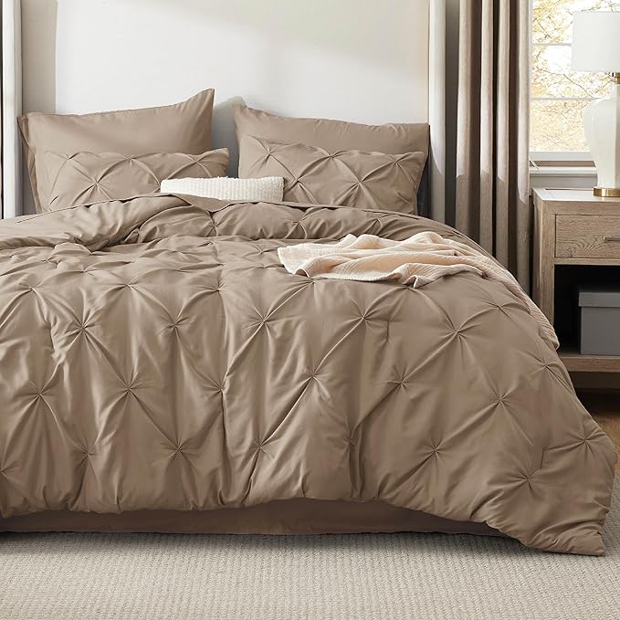 Bedsure Twin Comforter Set Khaki - Bed in a Bag Twin Size Bedding 5 Pieces, GentleSoft™ Pintuck Bed Set Gift for Family, Pinch Pleat Khaki Comforter with Sheets, Pillowcase & Sham