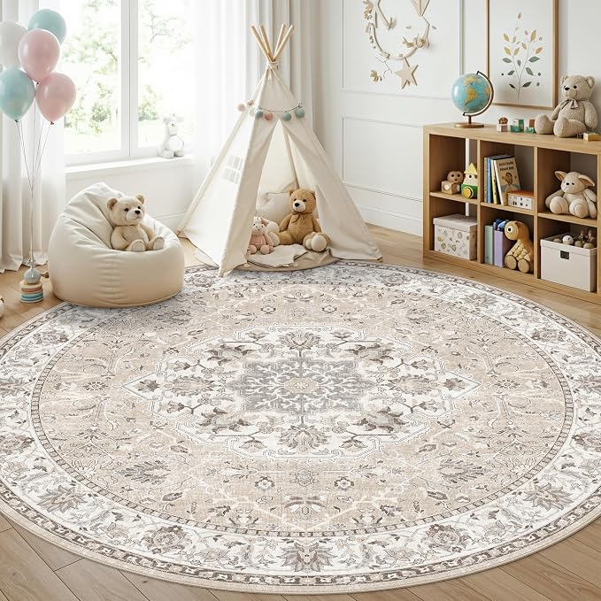 7x7 Living Room Area Rug: Washable Oriental Printed Soft Round Rug by HYHAOYUNLAI