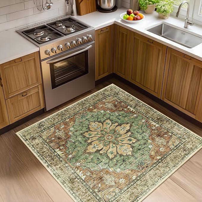RELEANY Washable Area Rug, Square 4'x4', Brick/Brown/Green | Non-Slip, Water by RELEANY