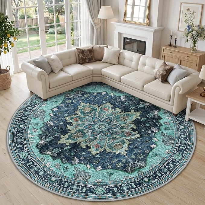 RELEANY Washable Area Rug, Round 10ft, Teal | Non-Slip, Water Repellent by RELEANY