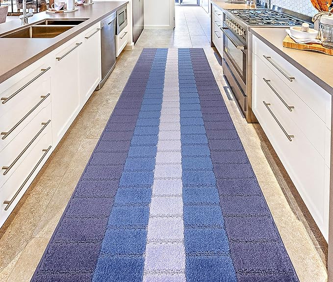 Custom Size Coastal Nautical Style Runner Rug Carpet for Hallway Entryway, Slip Resistant Latex Rubber Backed, 31 inch Wide X Customized Length, Squares Blue, 31 inch X 12 feet