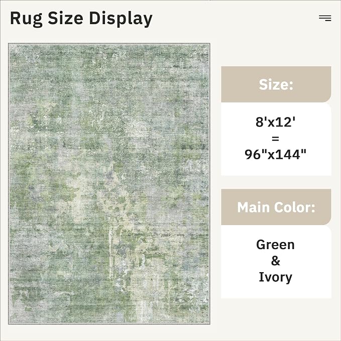 Soalmost Abstract Rug 8x12 Large Living Room Area Rugs Washable Green/Ivory | - Image 5