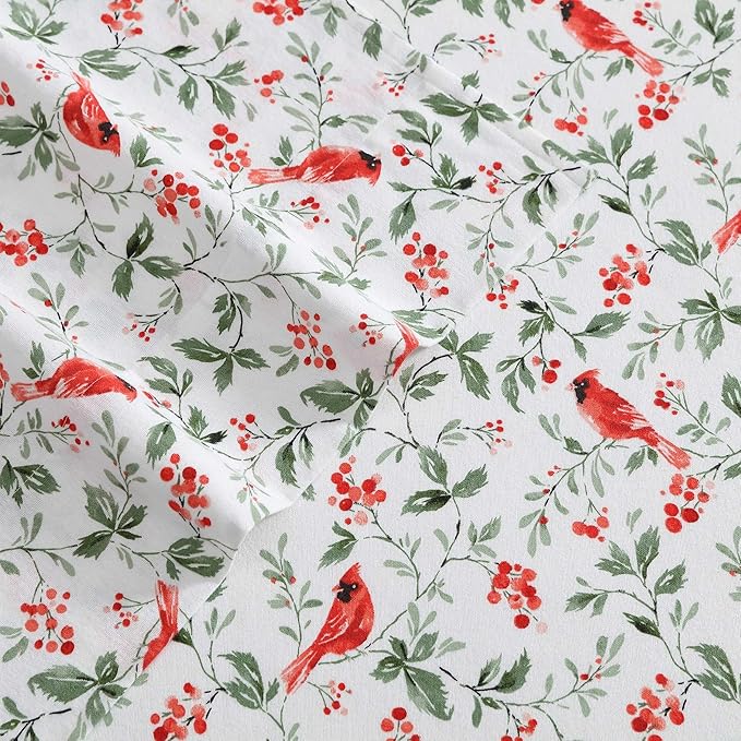 Laura Ashley - Flannel Sheets Twin Size, Anti-Pilling & Wrinkle Resistant Cotton, Touchably Soft for All-Season Comfort - Bed Sheets with Matching Pillowcase & Fitted Sheet (Jolly Cardinals Green)