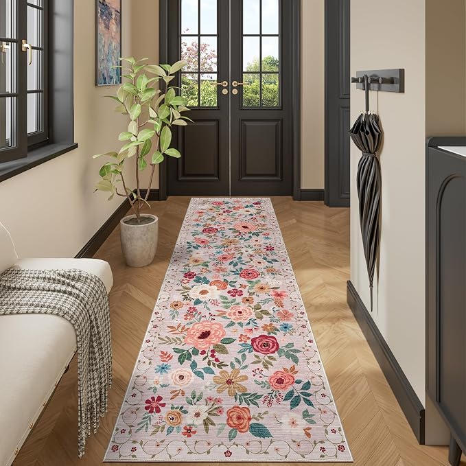 DUKINO 2.6x12 Kitchen Runner Rug, Floral Non Slip Long Washable Rug, Stain - Image 6