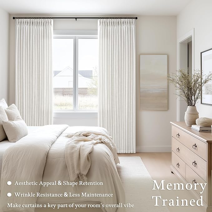 Beige White 98 Inch Pleated Linen Memory Trained Semi Sheer Curtains 50W | - Image 2