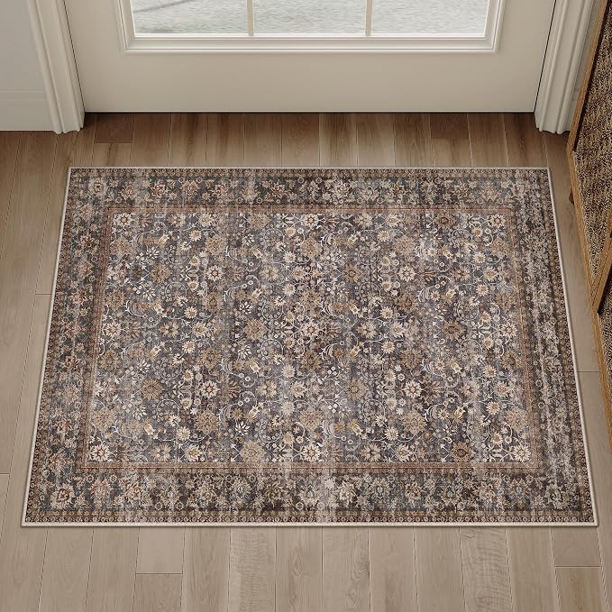 2x3 Brown Blue Vintage Floral Washable Area Rug - Image 3