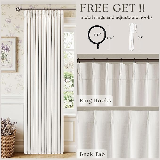Ivory White Pinch Pleated Blackout Linen 92 Inch Bedroom Curtains 2 Panels | - Image 5