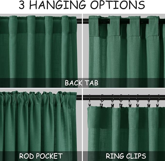 Dark Green Linen Curtains 96 Inches Long 2 Panels Set - Image 2