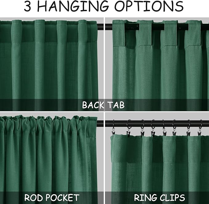 Dark Green Linen Curtains 90 Inch Long 2 Panels Set - Image 2