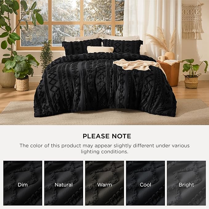 Bedsure Tufted Boho Comforter Set Oversized Queen - Black Boho Bed Set, GentleSoft™ 3 Pieces Farmhouse Shabby Chic Embroidery Bedding, Gifts for Woman, Soft Jacquard Comforter for All Seasons