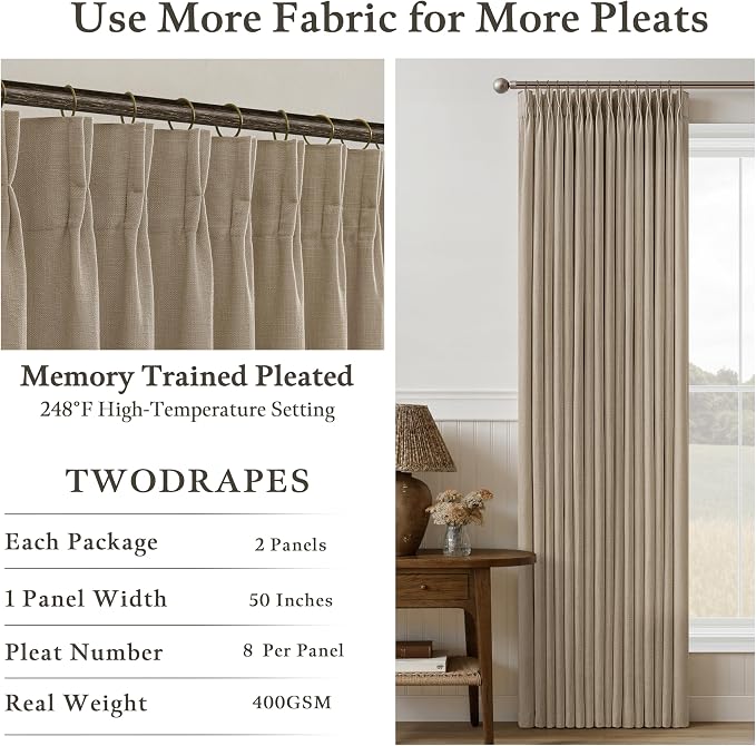Pinch Pleat 84 Inch Semi Sheer Linen Memory Trained Curtains Camel Tan 50W | - Image 5