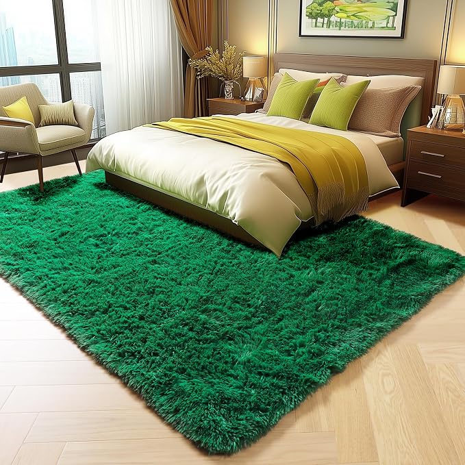 Dark Green Area Rugs for Living Room Bedroom, 5x8 Fluffy Shaggy Large Rug - Image 4