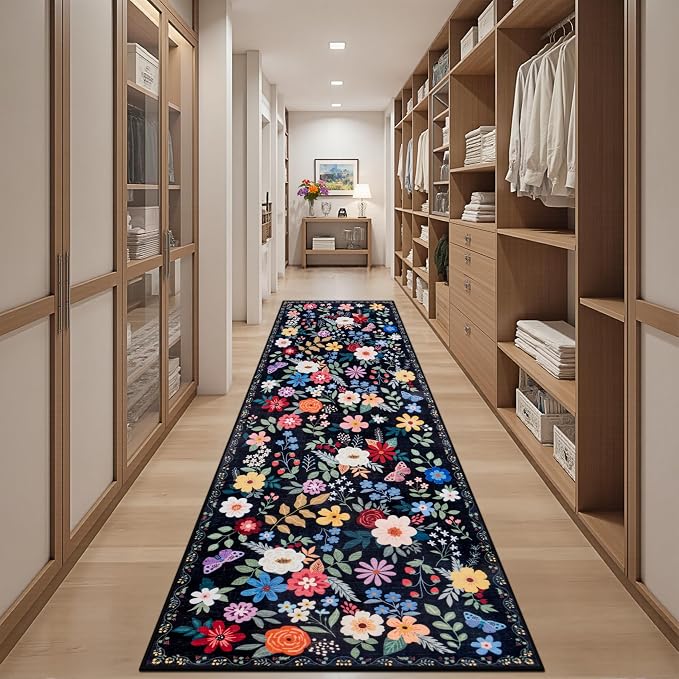 PLHXFR 2.6x10 Washable Runner Rug：Floral Indoor Kitchen Soft Carpet Black | - Image 5