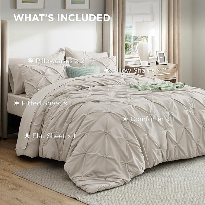 Bedsure King Comforter Set Linen - Bed in a Bag Bedding Set 7 Pieces, GentleSoft™ Pintuck Bed Set Gift for Family, Pinch Pleat All Season Comforter with Sheets, Pillowcases & Shams