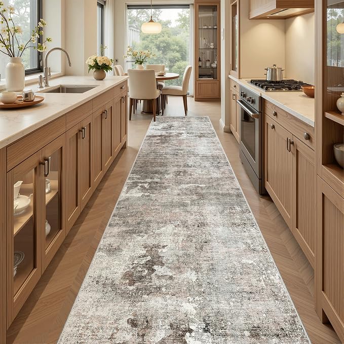 Soalmost Abstract Runner Rug 2x12 Hallway Kitchen Runners Pink/Grey | Vintage - Image 2