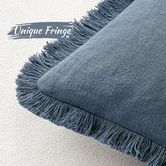 MIULEE Linen Fringe Decorative Lumbar Throw Pillow Covers Blue Ashes 12x20 | - Image 3