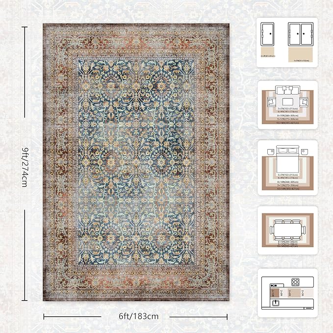 6x9 Area Rugs - Washable Vintage Retro Living Room Rug, Soft Ultra Thin Non - Image 2