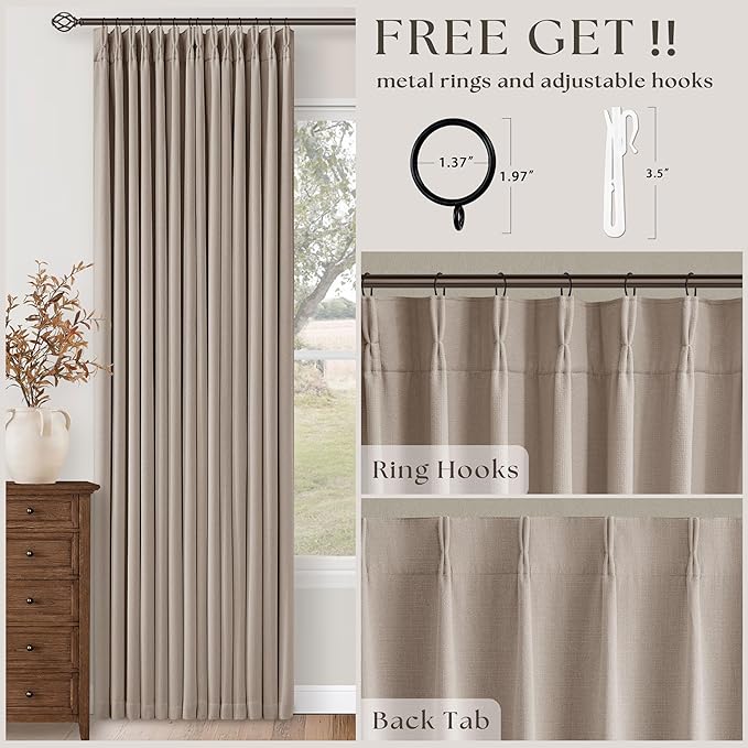 Burlywood Birch Pinch Pleated Blackout 100 Inch Linen Curtains Dual Layer | - Image 4