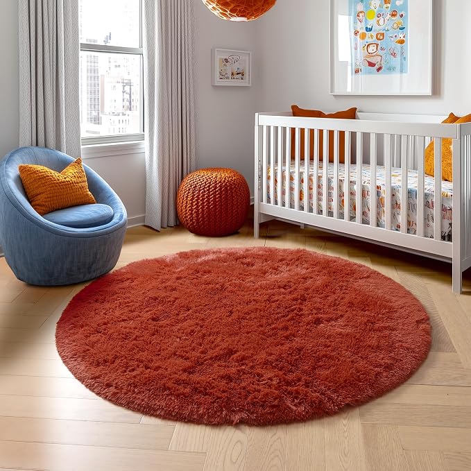 Amdrebio Terracotta Fluffy Round Area Rug 5Ft - Image 7