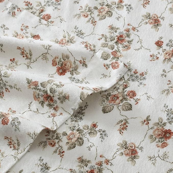 Laura Ashley - Flannel Sheets King Size, Anti-Pilling & Wrinkle Resistant Cotton, Touchably Soft for All-Season Comfort - Bed Sheets with Matching Pillowcases & Fitted Sheet (Le Fleur Orange)