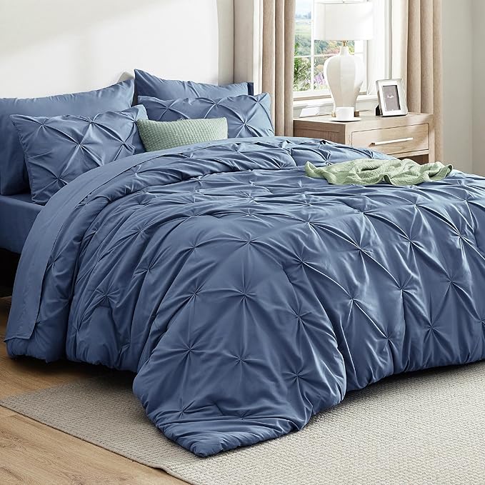 Bedsure California King Comforter Set - Bed in a Bag Cal King Bedding Set 7 PCS, GentleSoft™ Pintuck Bed Set Gift for Family, Pinch Pleat Slate Blue Comforter with Sheets, Pillowcases & Shams