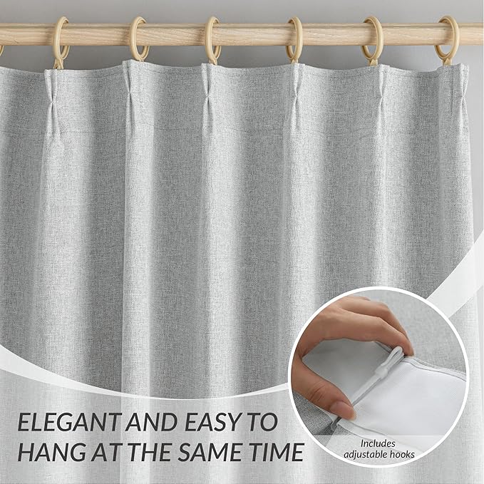 KangBang 100% Blackout Pinch Pleated Curtains 108 Inches Long, Linen Blend Pinch Pleat Window Drapes with Hooks, Track System Curtain Panels for Sliding Door Modern Farmhouse,60x108, Light Grey,2 PCs