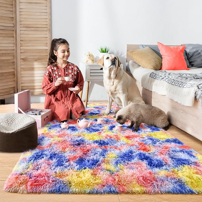 3x5 Tie-Dyed Blue Red Yellow Fluffy Soft Area Rug Non-Slip - Image 3