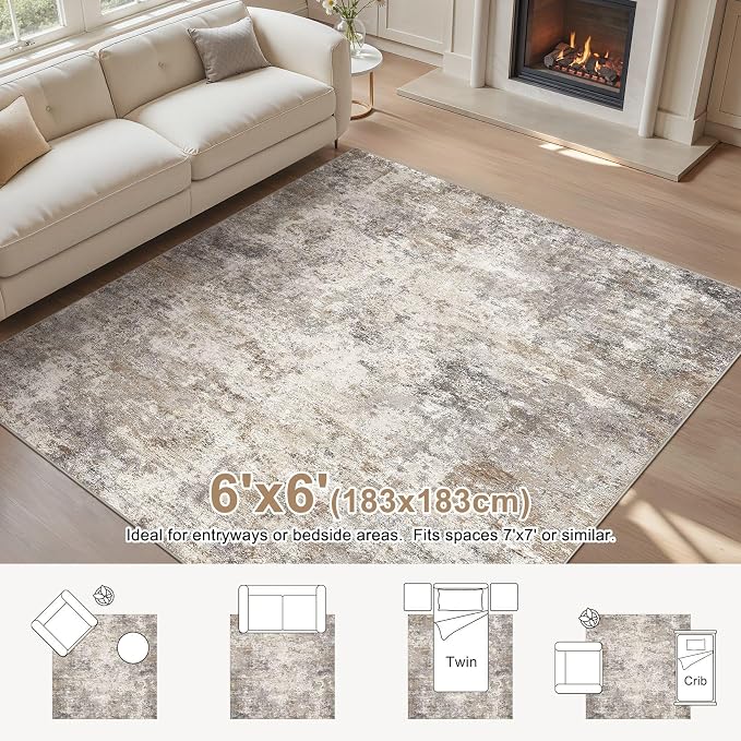 UERMEI Square Area Rugs : Washable 6x6 Neutral Modern Abstract Carpet - Image 3