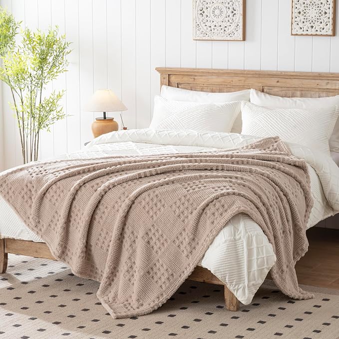 Waffle Brown Throw Blanket -Fluffy Fleece, Neutral Tan Color, Cute & Aesthetic - Image 2