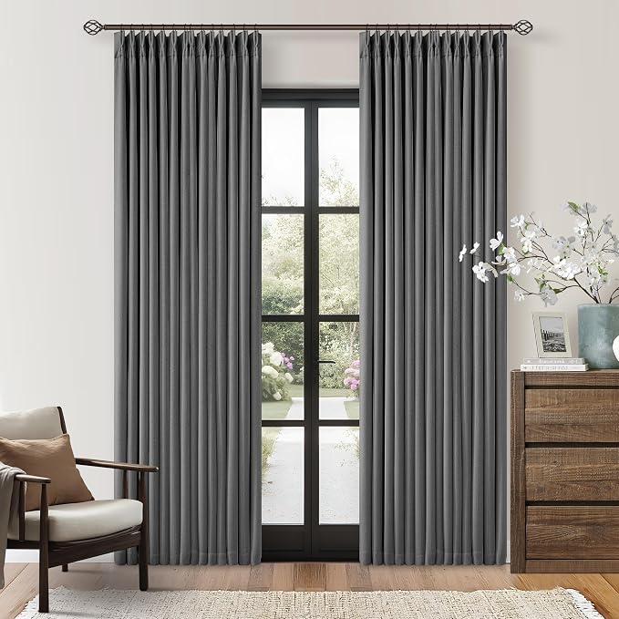Dark Grey Pleated Thick Linen Blackout Curtains 84 Inches Long by Twodrapes