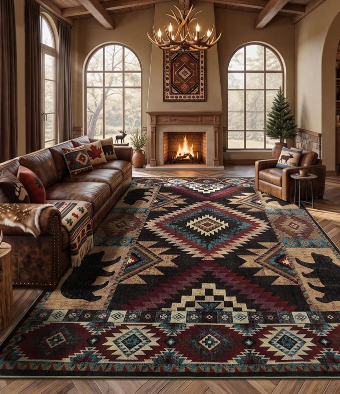 Rustic Cabin Area Rug 9x12, Lodge Wildlife Bear Washable Large Area Rug - Image 3