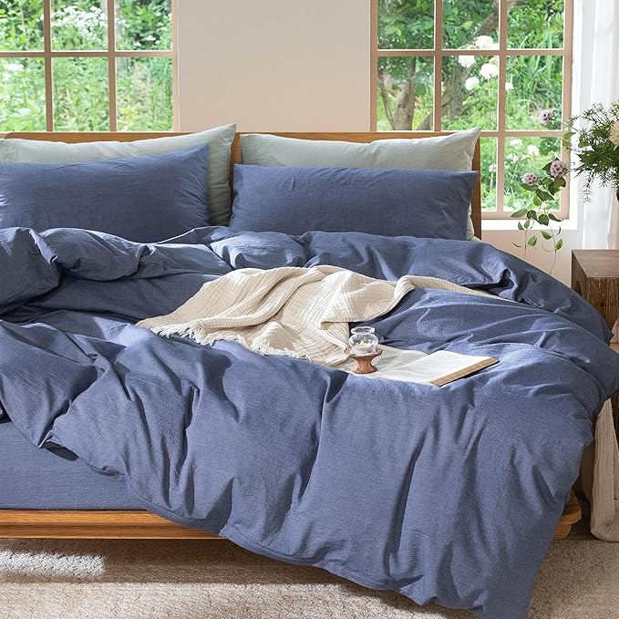 MooMee Bedding Duvet Cover Set 100% Washed Cotton Linen Like Textured Breathable Durable Soft Comfy (Heathered Blue, Queen 90"x90")