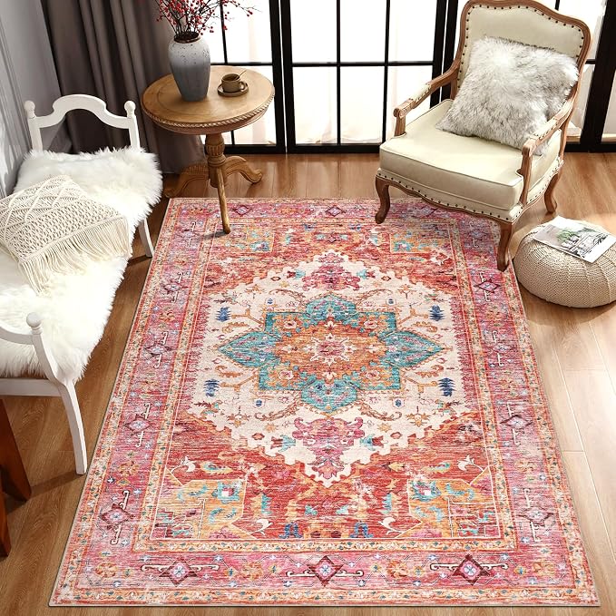 Yamaziot Washable Area Rug, 4x6 Non-Slip Boho Living Room Bedroom Rug | Stain - Image 7