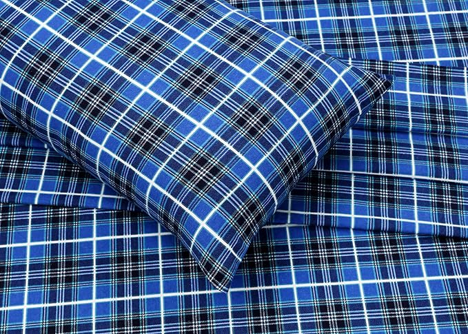 RUVANTI Flannel Sheets Twin XL Size - 100% Cotton Double Brushed Twin XL Sheet Sets, Deep Pockets 16 Inches, All Seasons Breathable & Extra Soft Bed Sheets, Warm & Cozy, 3 Piece, Blue Plaid