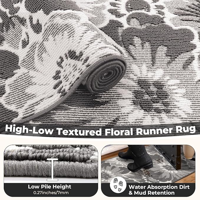 Findosom Hallway Runner Rug 2x6, Non Slip High-Low Textured Floral Washable - Image 6