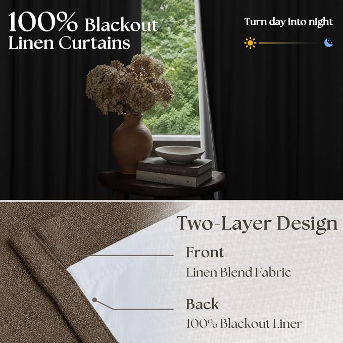 Thick Linen Pleated Brown Blackout Double Layer Curtains 90 Inches Long | Room - Image 5