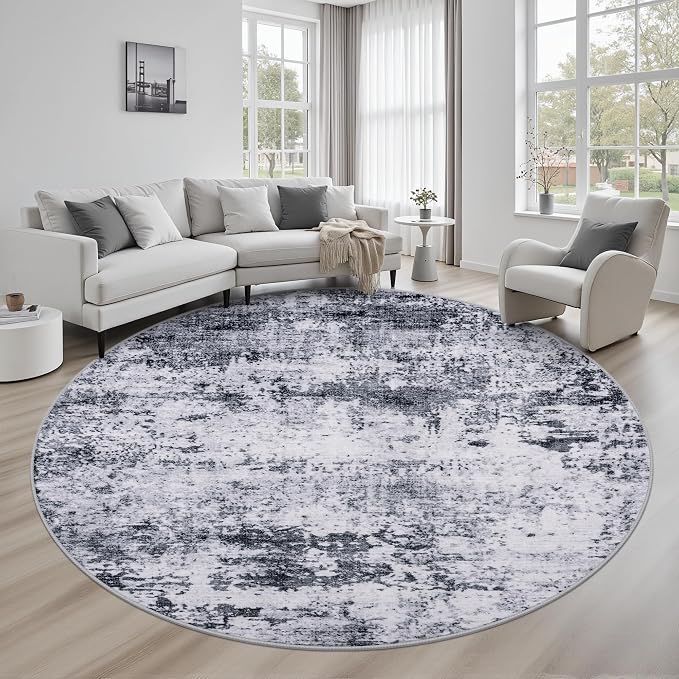 Round Area Rug Living Room: 8 ft Modern Washable Carpet Grey | by FXRHLP