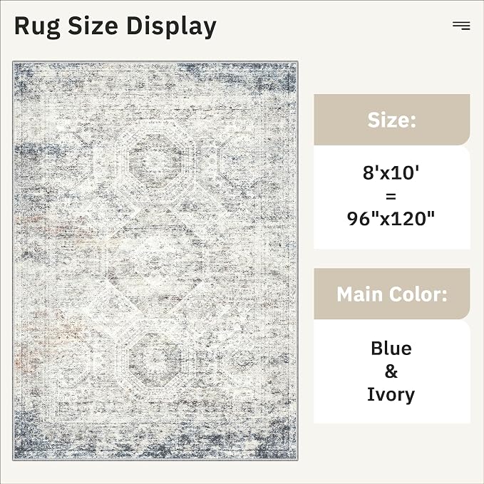 Soalmost Washable Area Rug 8x10 Large Soft Living Room Rugs Blue/Ivory | - Image 5