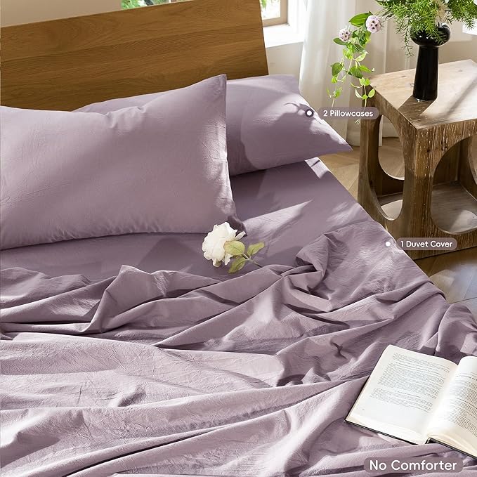 MooMee Bedding Duvet Cover Set 100% Washed Cotton Linen Like Textured Breathable Durable Soft Comfy (Solid Taro Purple, Oversized Queen 98"x98")