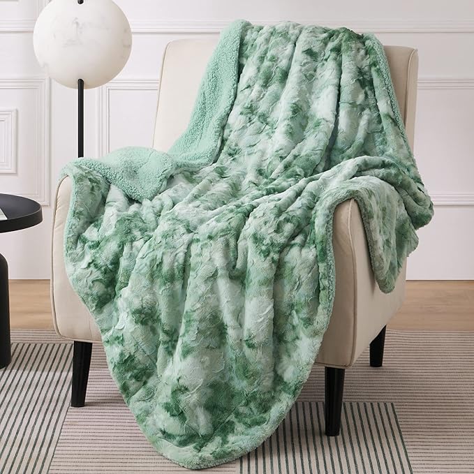 Bedsure GentleSoft Sherpa Fluffy Blanket Twin Size - Fleece Warm and Cozy Throw for Women Gift, Plush & Fuzzy Faux Fur Christmas Blanket for Couch, Bed Decor, Tie Dye Design, Sage Green, 60x80 Inches