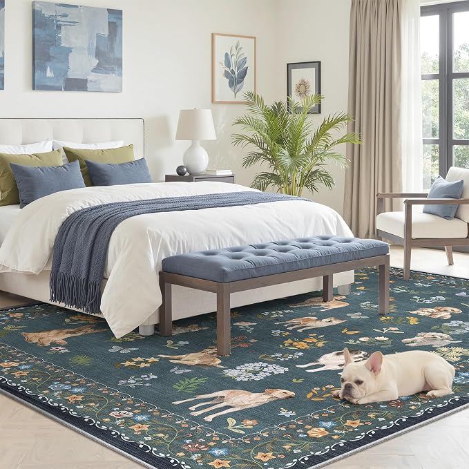 Soalmost Dog 5x7 Area Rugs for Living Room, Washable Soft Rug Navy Blue | - Image 4