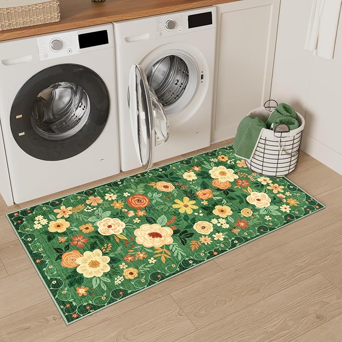 DUKINO 2x4 Entryway Rug, Floral Washable Kitchen Rugs Non Slip, Dark Green | - Image 7