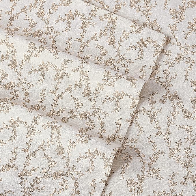 Laura Ashley - Flannel Sheets Twin Size, Anti-Pilling & Wrinkle Resistant Cotton, Touchably Soft for All-Season Comfort - Bed Sheets with Matching Pillowcase & Fitted Sheet (Victoria Beige)